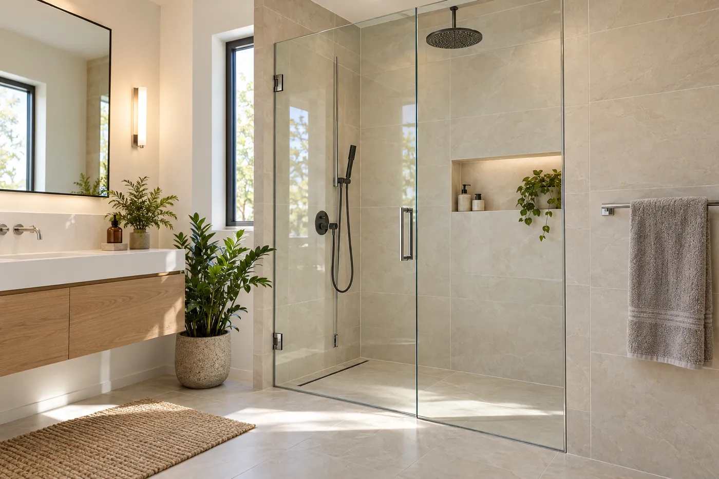 Paroi de douche en verre trempé clair avec porte vitrée dans une salle de bains carrelée